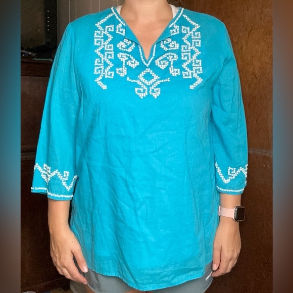 Chico’s Size 2 Blue Linen Cotton Blend Embroidered Beaded Tunic Top 3/4 Sleeve - Picture 1 of 8